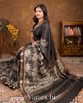 Charcoal Black Digital Printed Pure Moonga Silk Saree