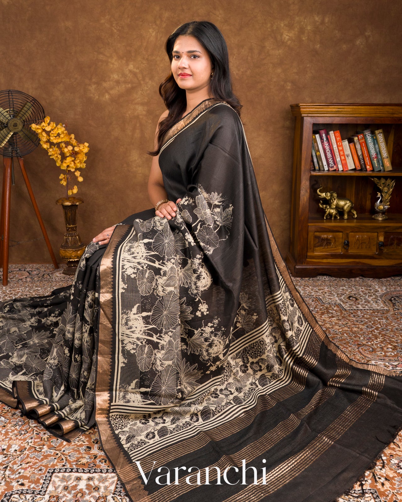 Charcoal Black Digital Printed Pure Moonga Silk Saree