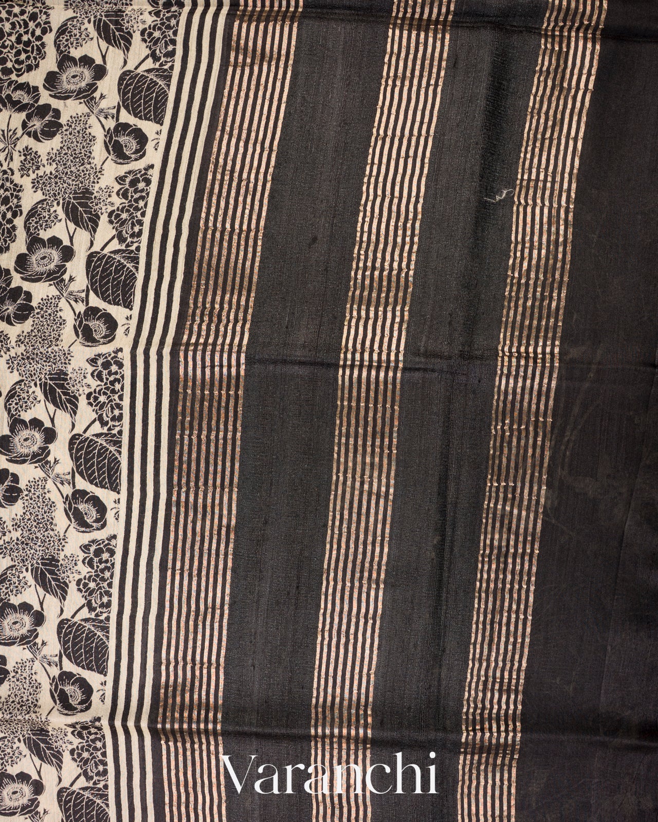 Charcoal Black Digital Printed Pure Moonga Silk Saree