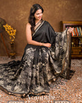 Charcoal Black Digital Printed Pure Moonga Silk Saree