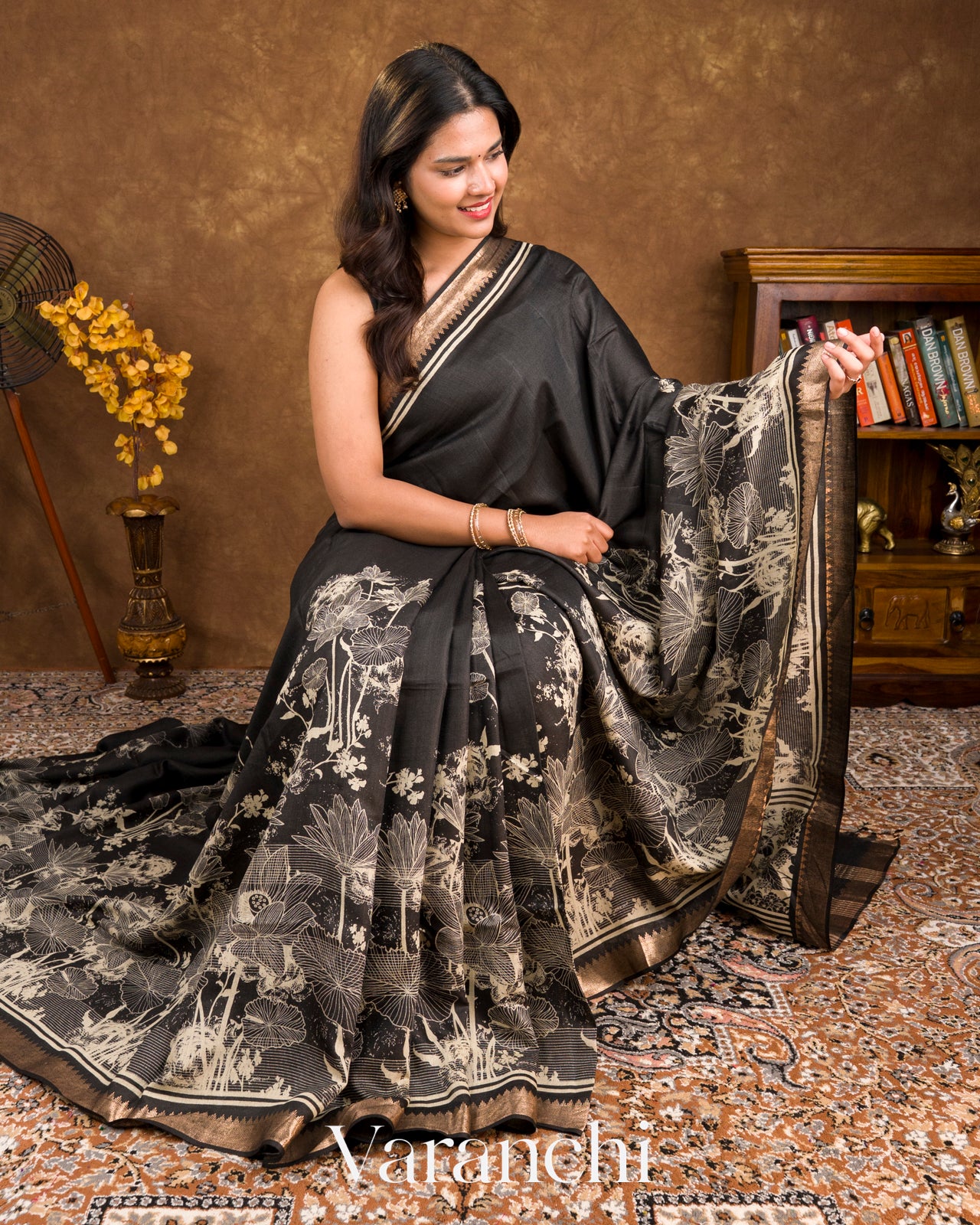 Charcoal Black Digital Printed Pure Moonga Silk Saree