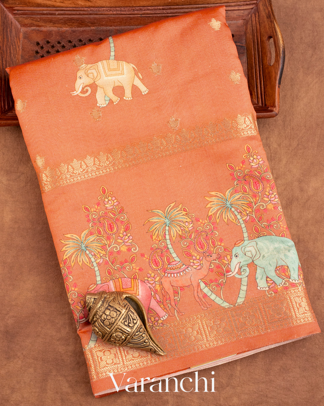 Muted Coral Orange Digital Printed Pure Moonga Silk Saree