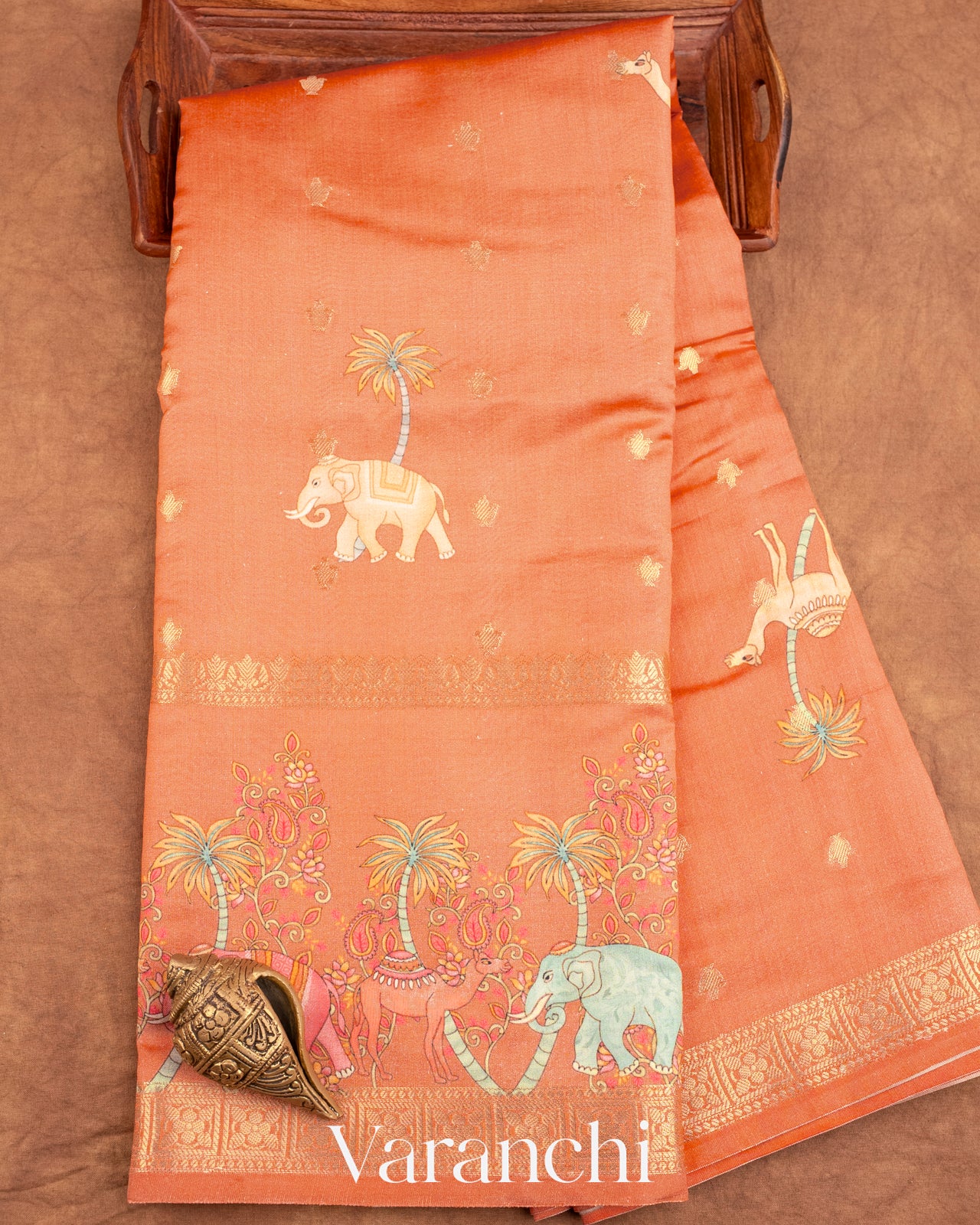Muted Coral Orange Digital Printed Pure Moonga Silk Saree