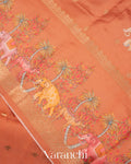Muted Coral Orange Digital Printed Pure Moonga Silk Saree