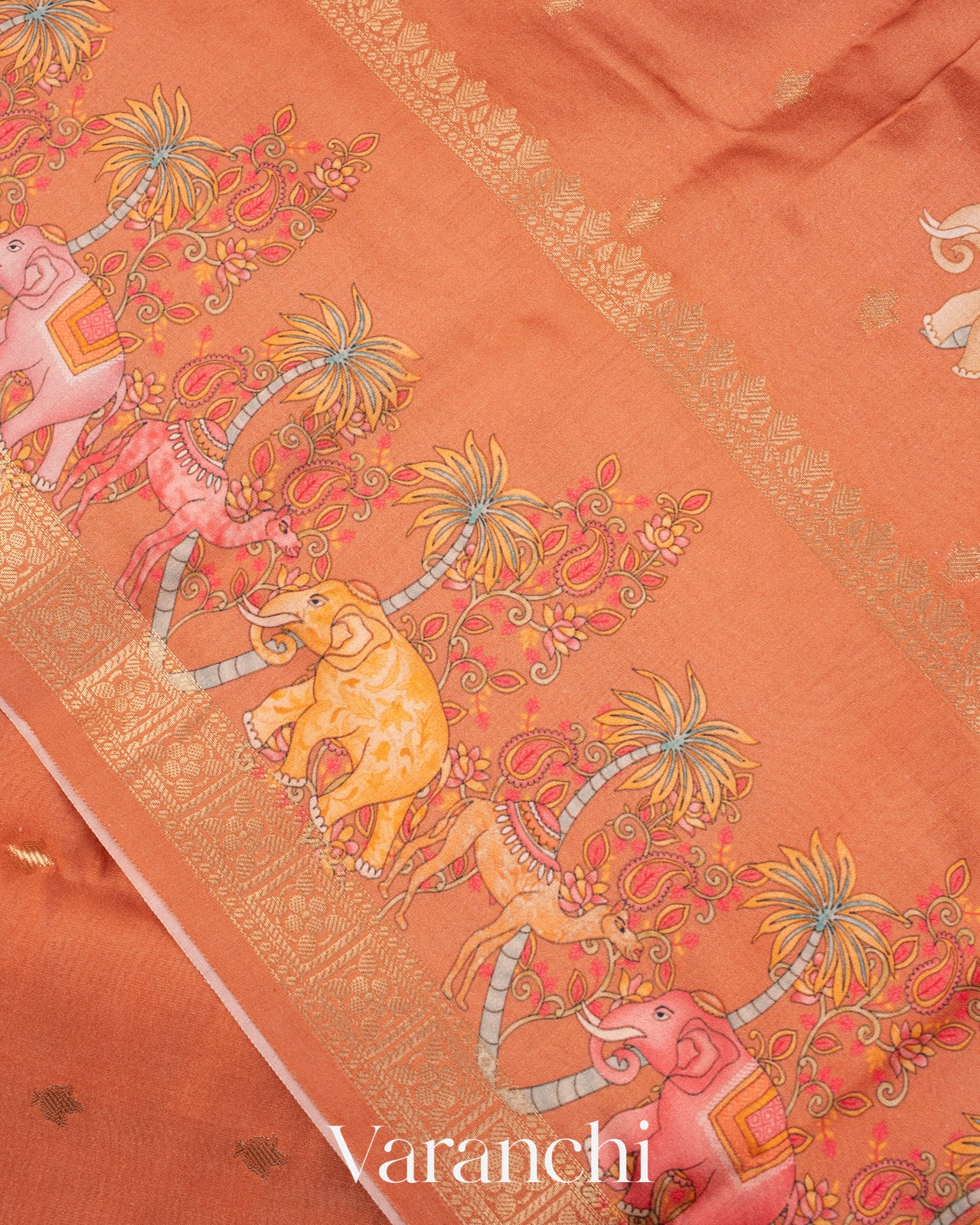 Muted Coral Orange Digital Printed Pure Moonga Silk Saree