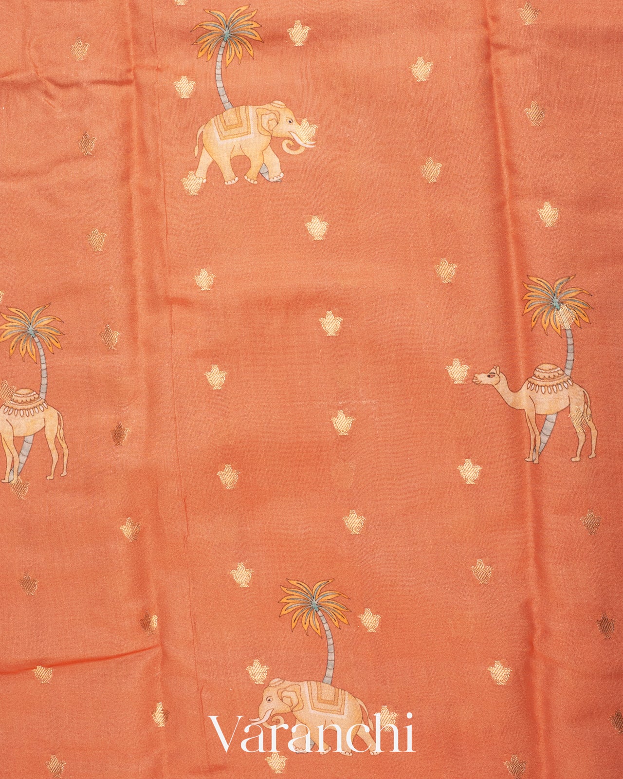 Muted Coral Orange Digital Printed Pure Moonga Silk Saree
