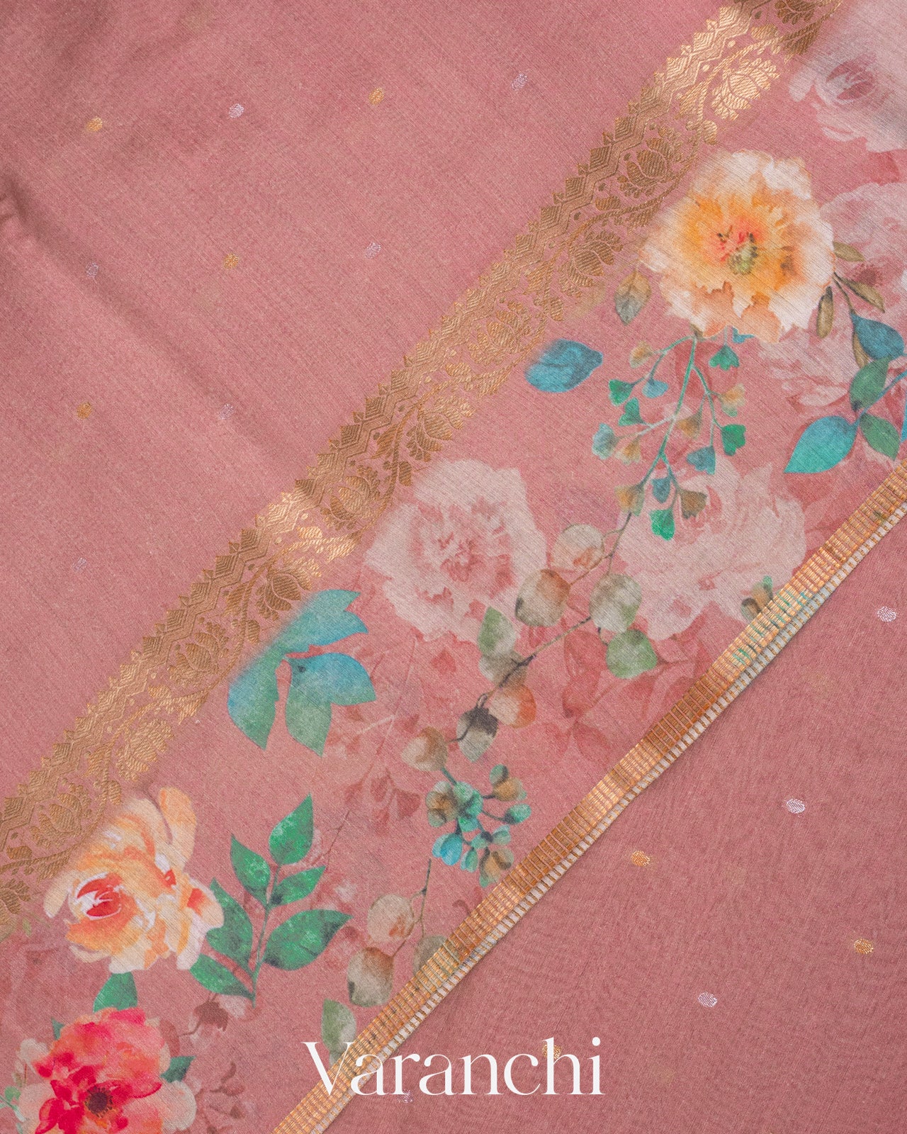 Dusty Rose Pure Floral Printed Pure Moonga Silk Saree