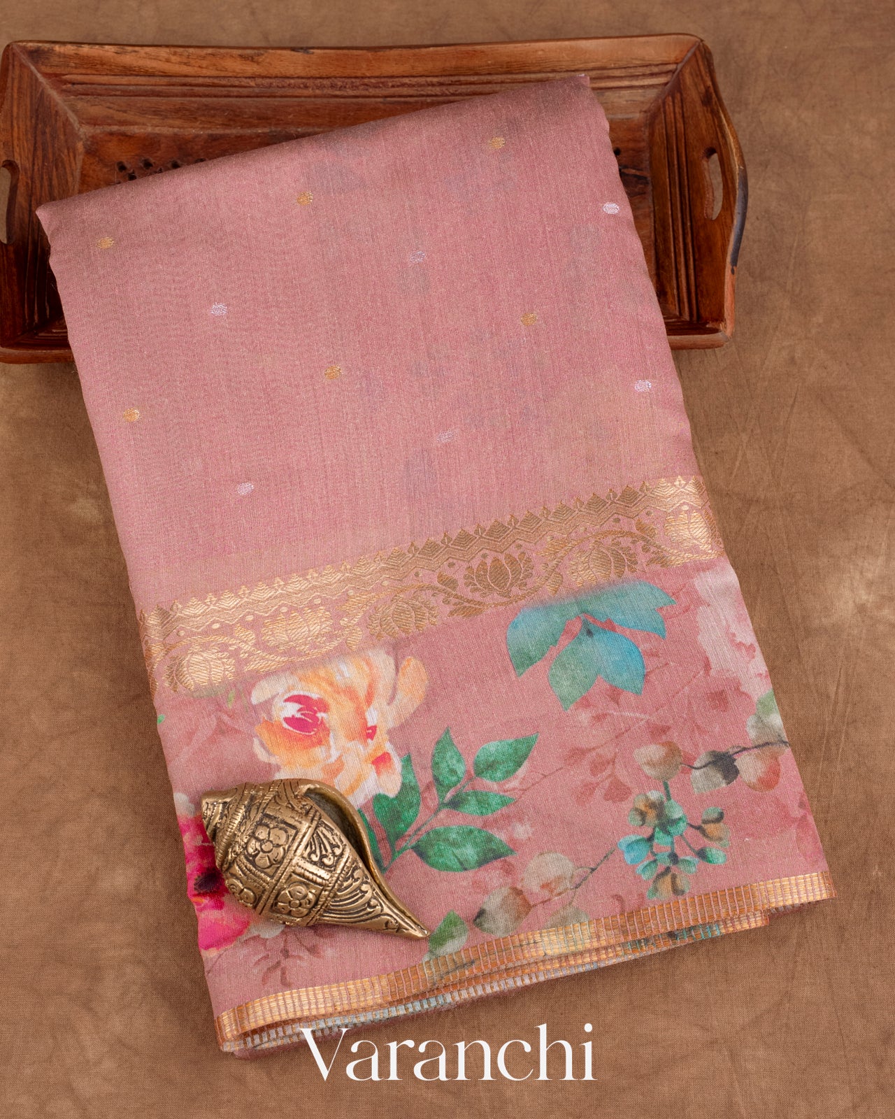 Dusty Rose Pure Floral Printed Pure Moonga Silk Saree