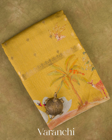 Olive Yellow Digital Printed Pure Moonga Silk Saree