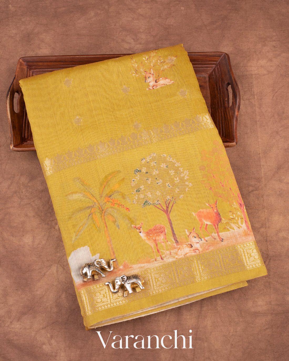 Olive Yellow Digital Printed Pure Moonga Silk Saree