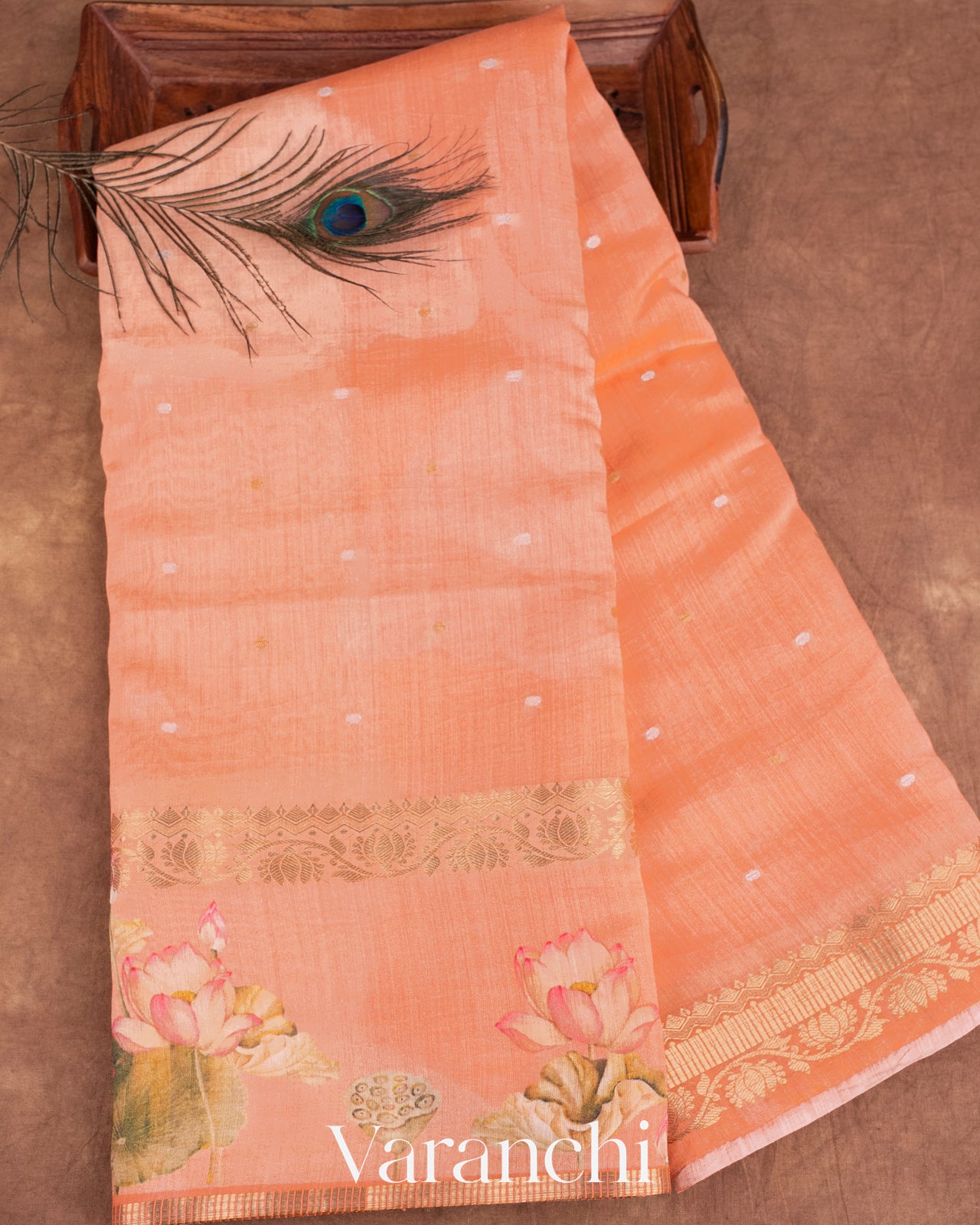 Muskmelon Orange Lotus Printed Pure Moonga Silk Saree