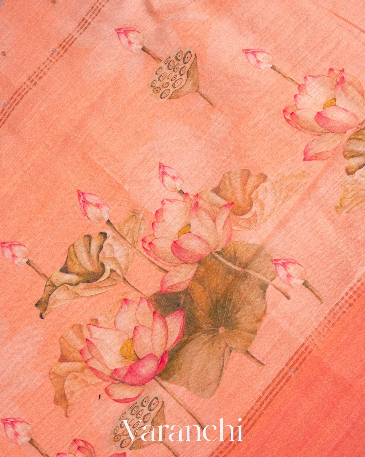 Muskmelon Orange Lotus Printed Pure Moonga Silk Saree