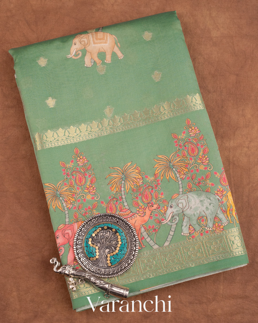 Pastel Mint Green Digital Printed Pure Moonga Silk Saree