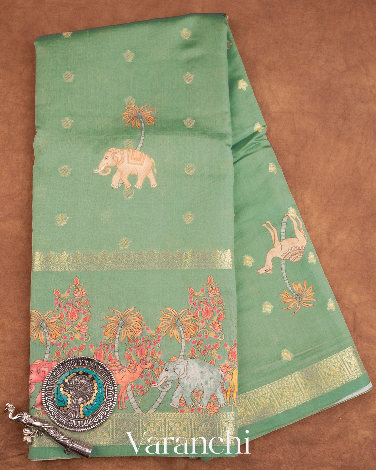 Pastel Mint Green Digital Printed Pure Moonga Silk Saree
