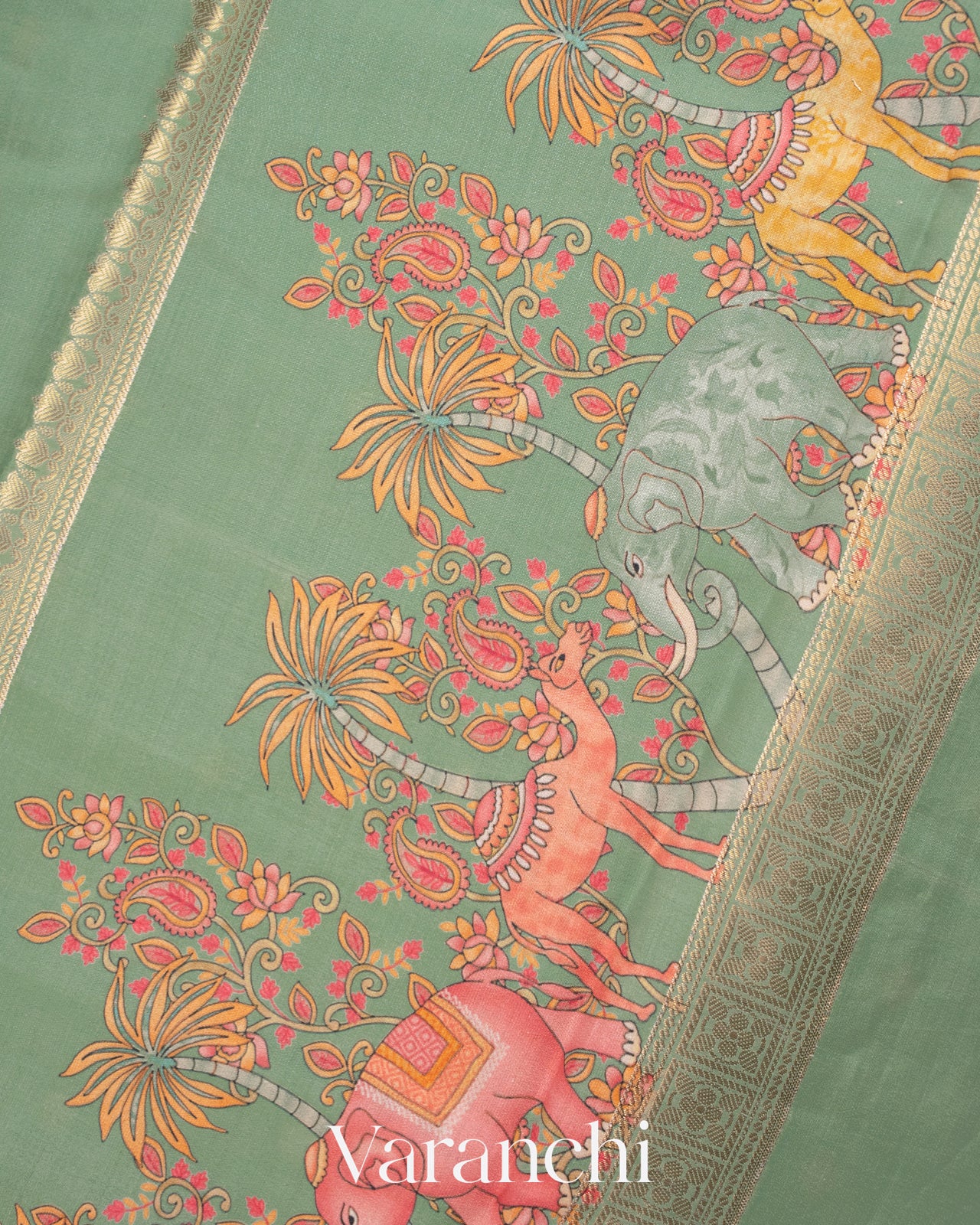 Pastel Mint Green Digital Printed Pure Moonga Silk Saree