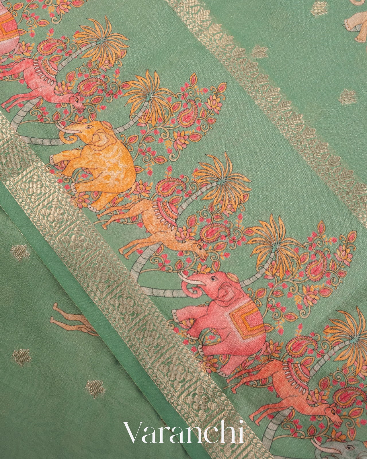 Pastel Mint Green Digital Printed Pure Moonga Silk Saree