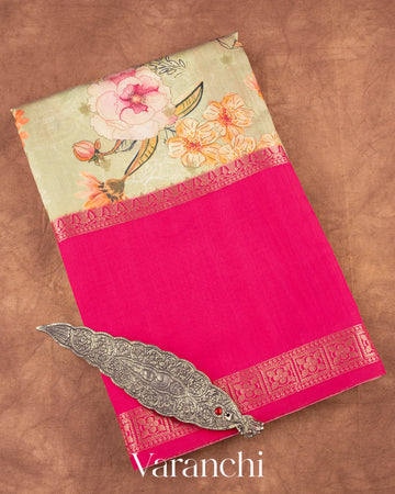Pastel Sage Green Printed Pure Moonga Silk Saree