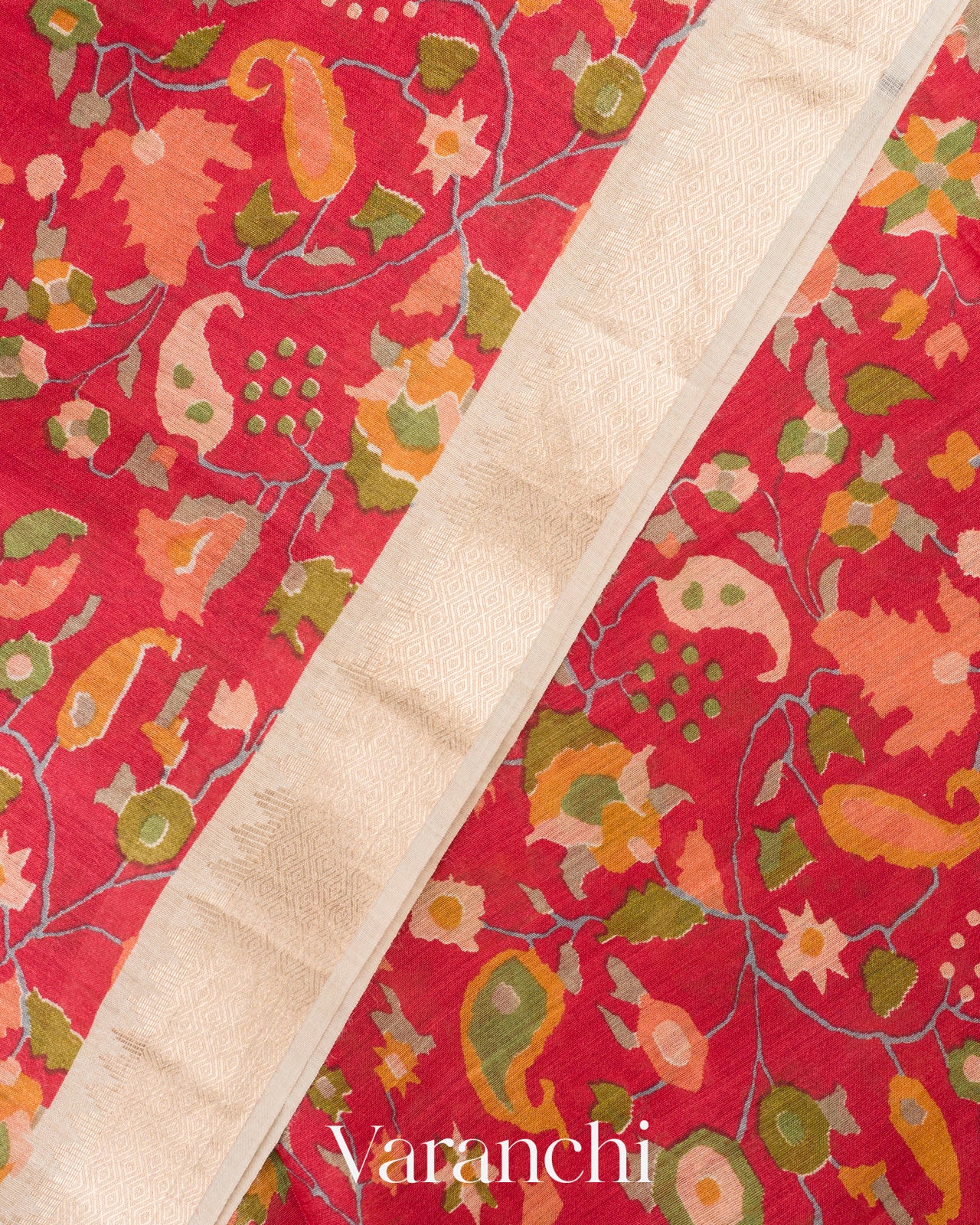 Red Paisley Digital Printed Pure Moonga Silk Saree