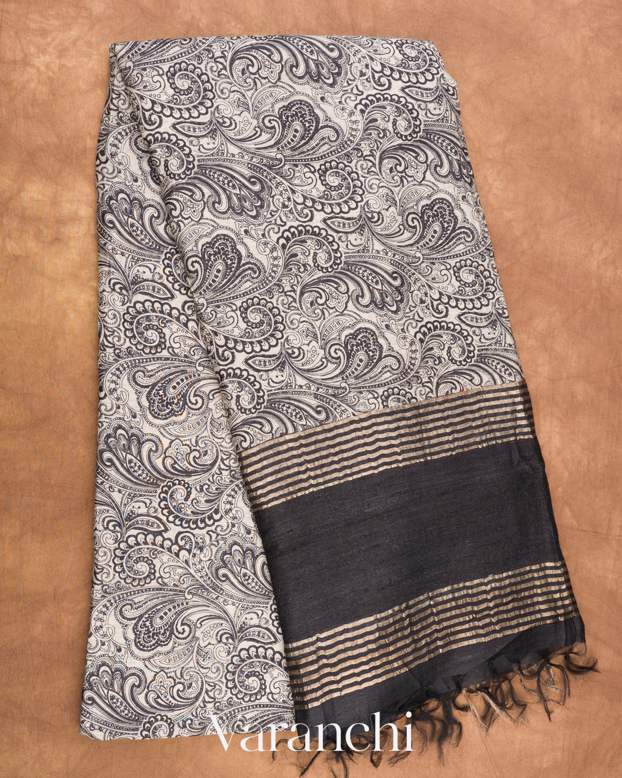 Black and White Digital Printed Pure Moonga Tussar Silk Saree