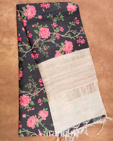 Black Floral Digital Printed Pure Moonga Tussar Silk Saree