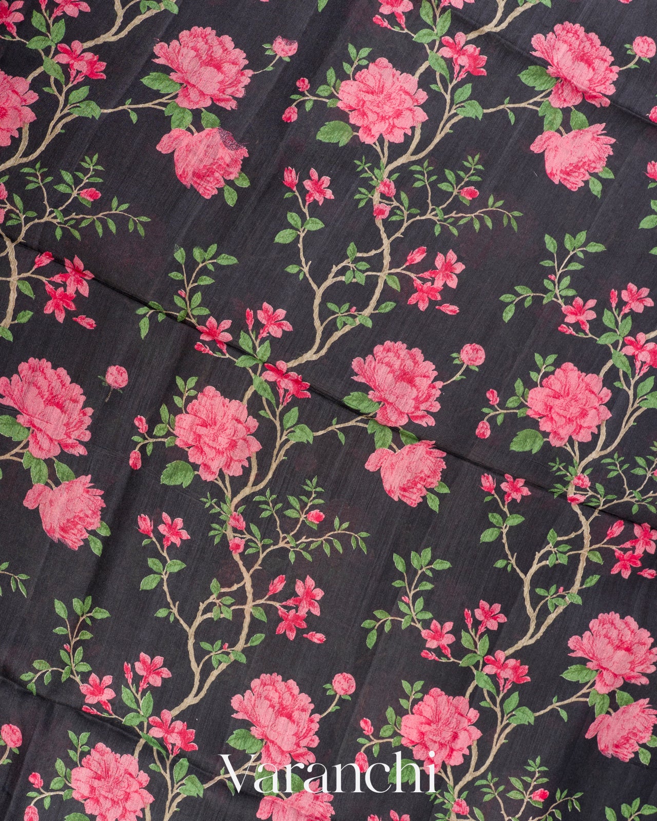 Black Floral Digital Printed Pure Moonga Tussar Silk Saree