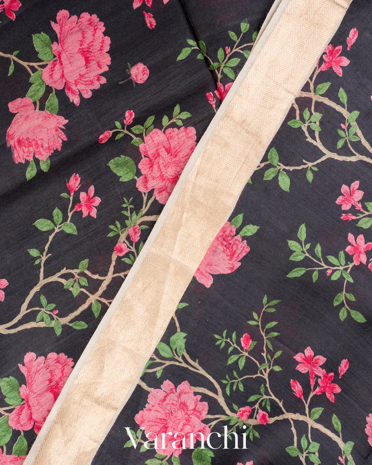 Black Floral Digital Printed Pure Moonga Tussar Silk Saree