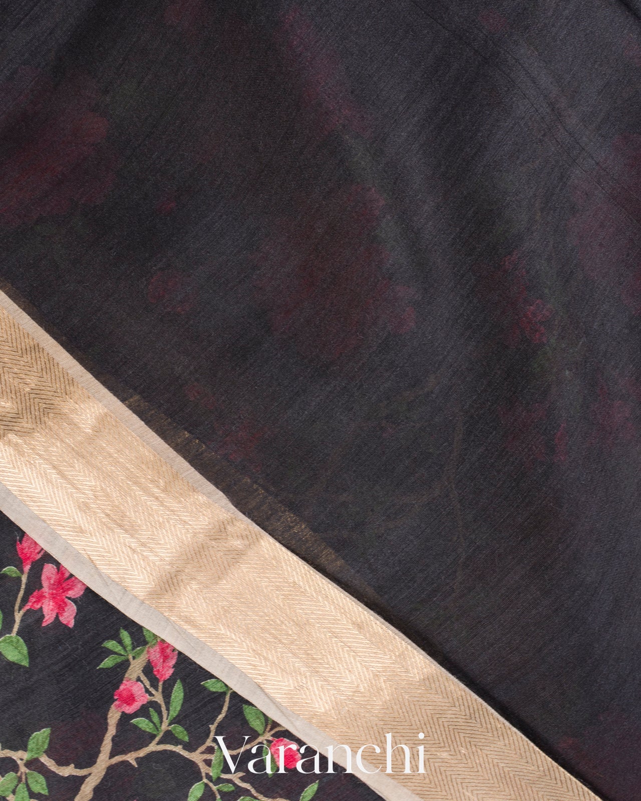 Black Floral Digital Printed Pure Moonga Tussar Silk Saree