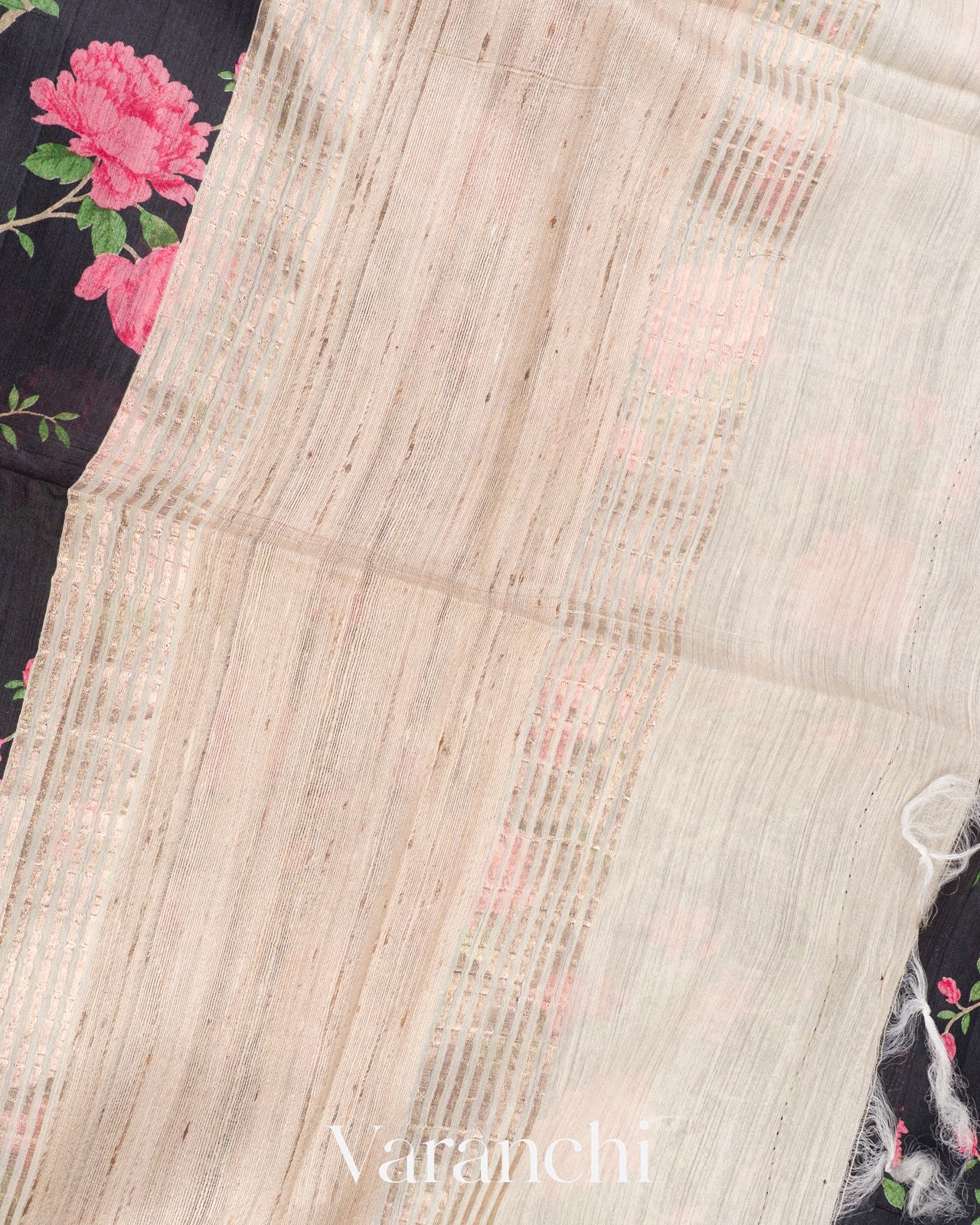 Black Floral Digital Printed Pure Moonga Tussar Silk Saree