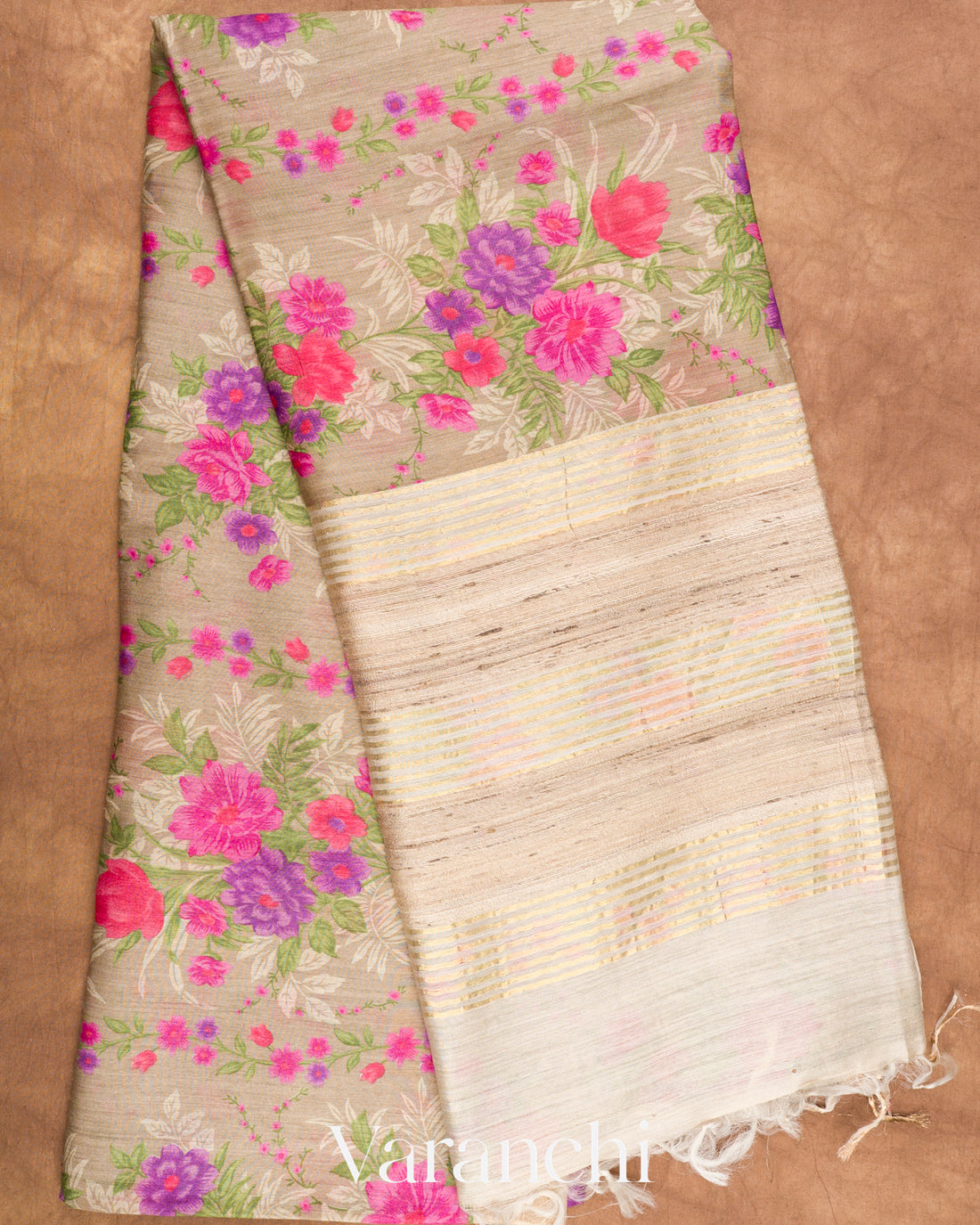 Beige Floral Digital Printed Pure Moonga Tussar Silk Saree
