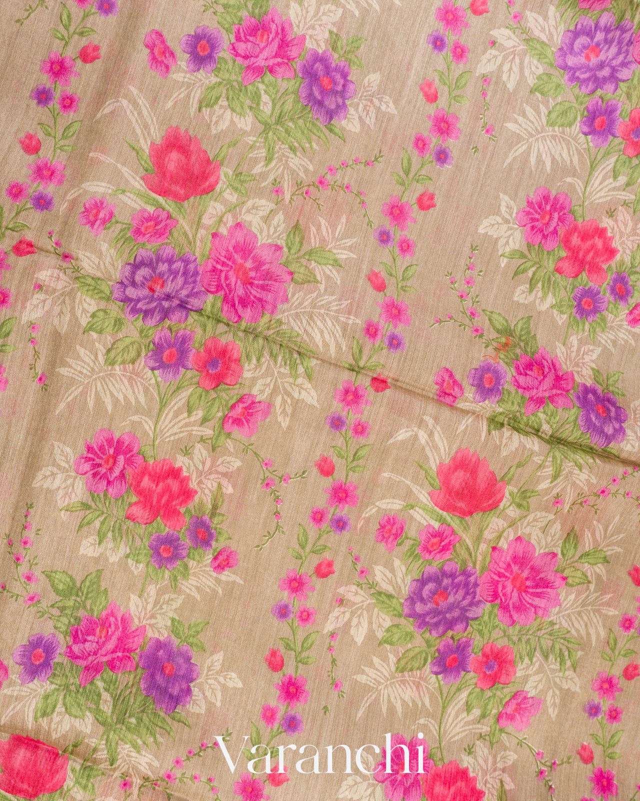 Beige Floral Digital Printed Pure Moonga Tussar Silk Saree