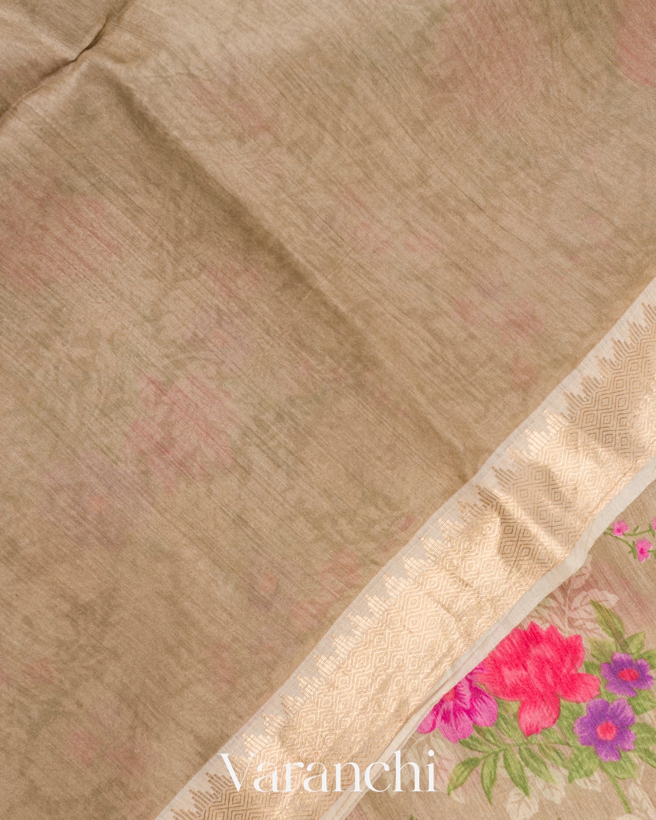 Beige Floral Digital Printed Pure Moonga Tussar Silk Saree