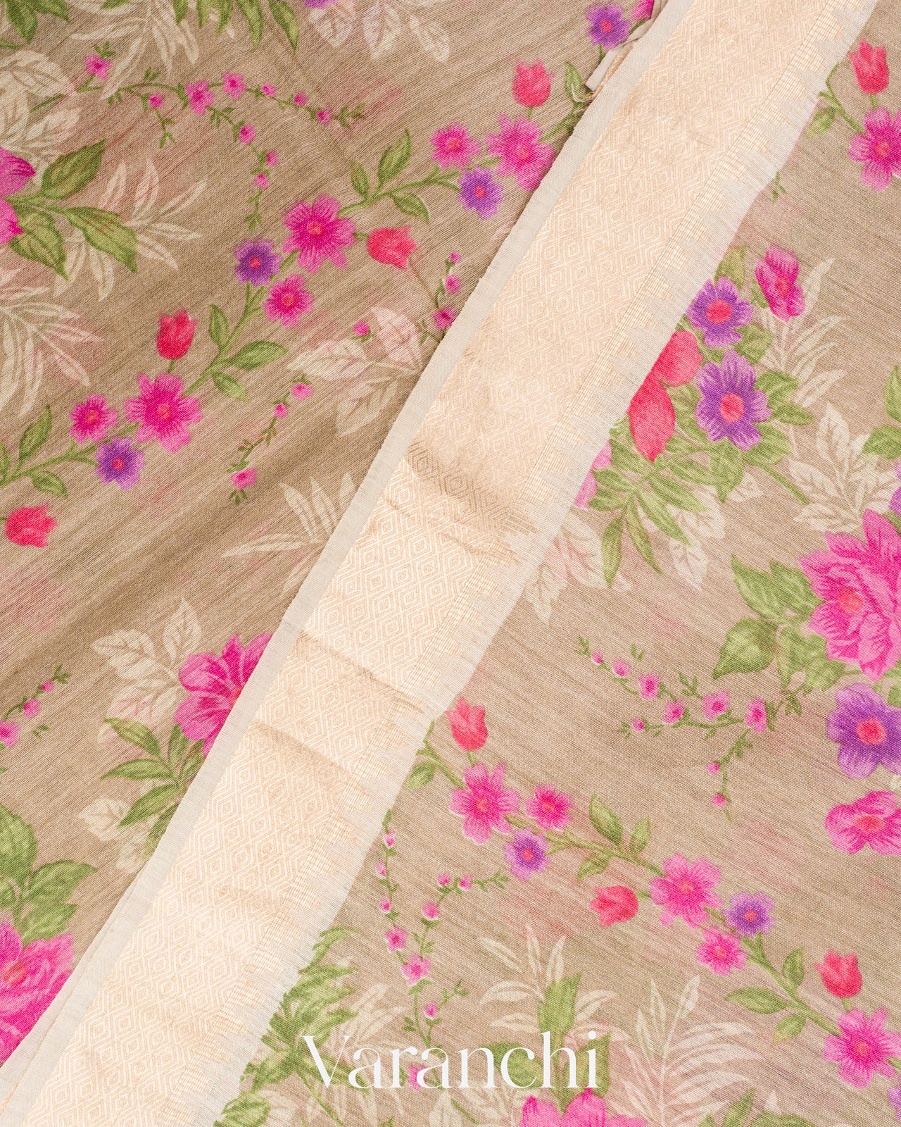 Beige Floral Digital Printed Pure Moonga Tussar Silk Saree
