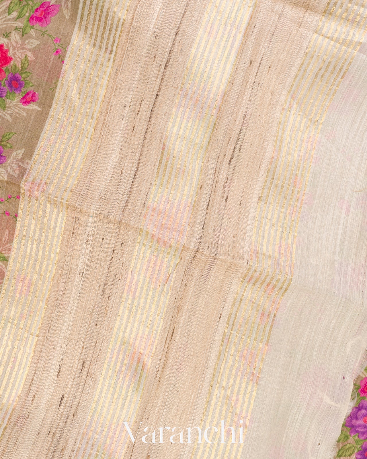 Beige Floral Digital Printed Pure Moonga Tussar Silk Saree
