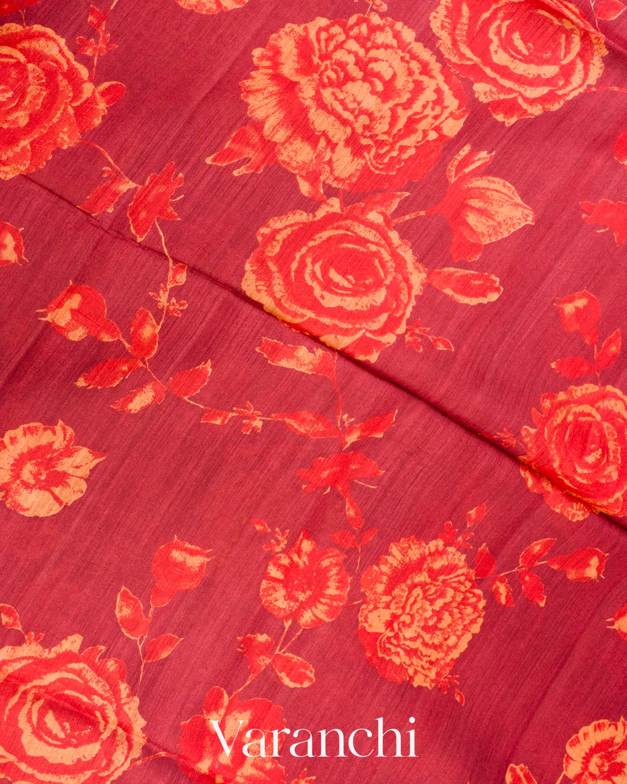 Deep Red Floral Digital Printed Pure Moonga Tussar Silk Saree