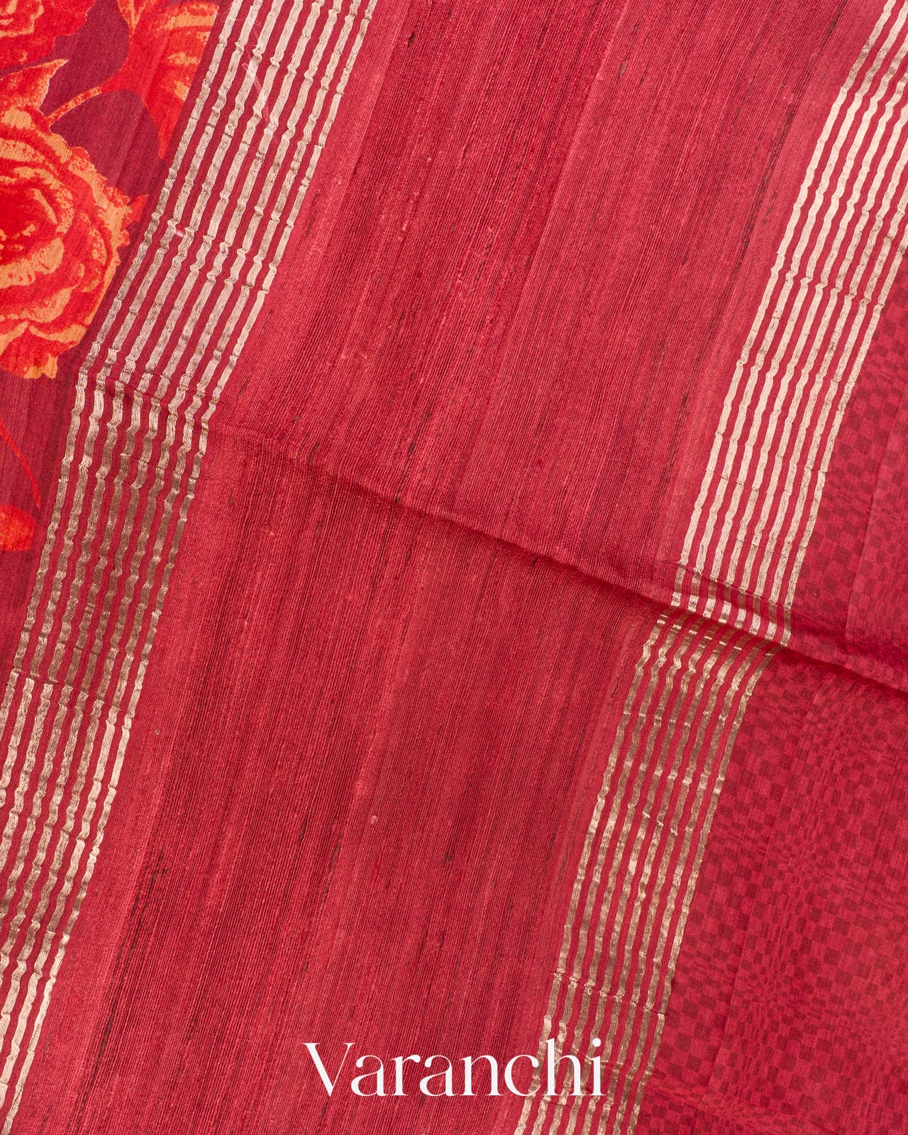 Deep Red Floral Digital Printed Pure Moonga Tussar Silk Saree