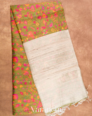 Mehandi Green Paisley Digital Printed Pure Moonga Tussar Silk Saree