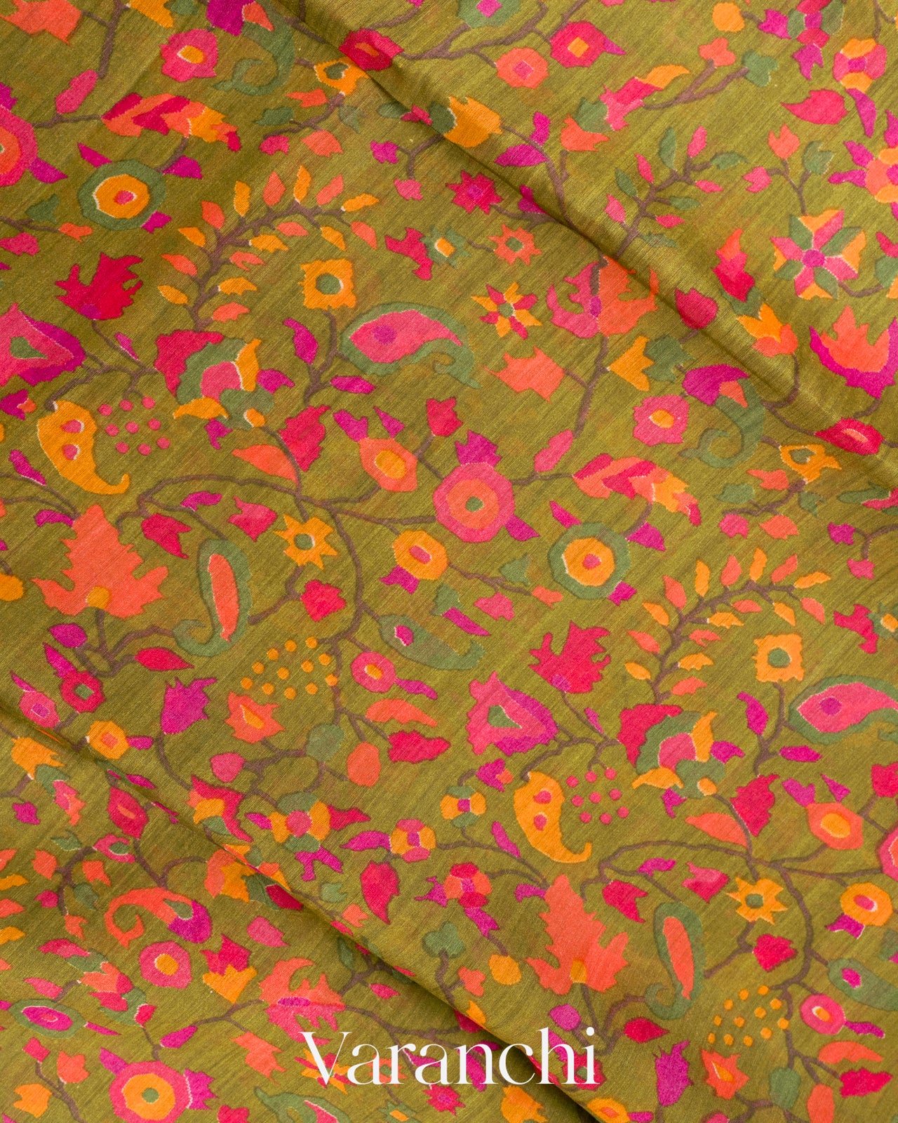 Mehandi Green Paisley Digital Printed Pure Moonga Tussar Silk Saree