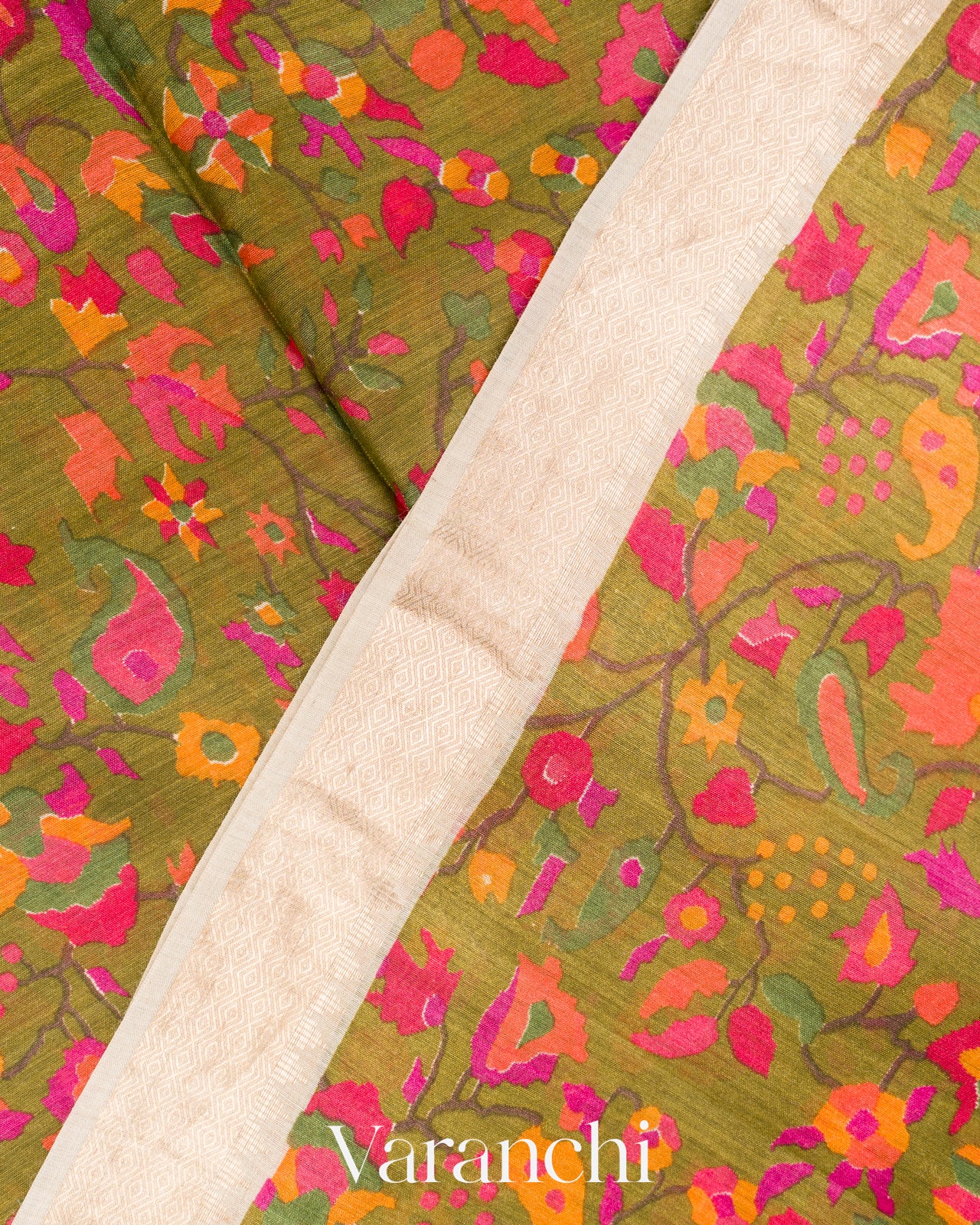 Mehandi Green Paisley Digital Printed Pure Moonga Tussar Silk Saree