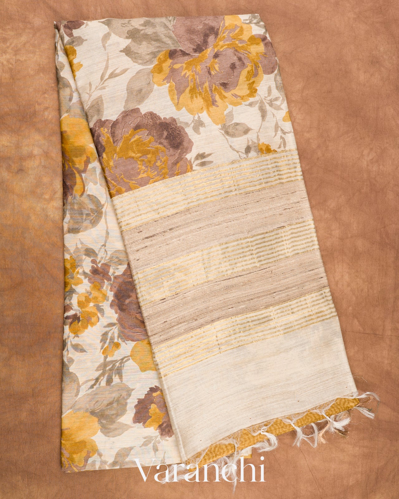 Off White Floral Digital Printed Pure Moonga Tussar Silk Saree
