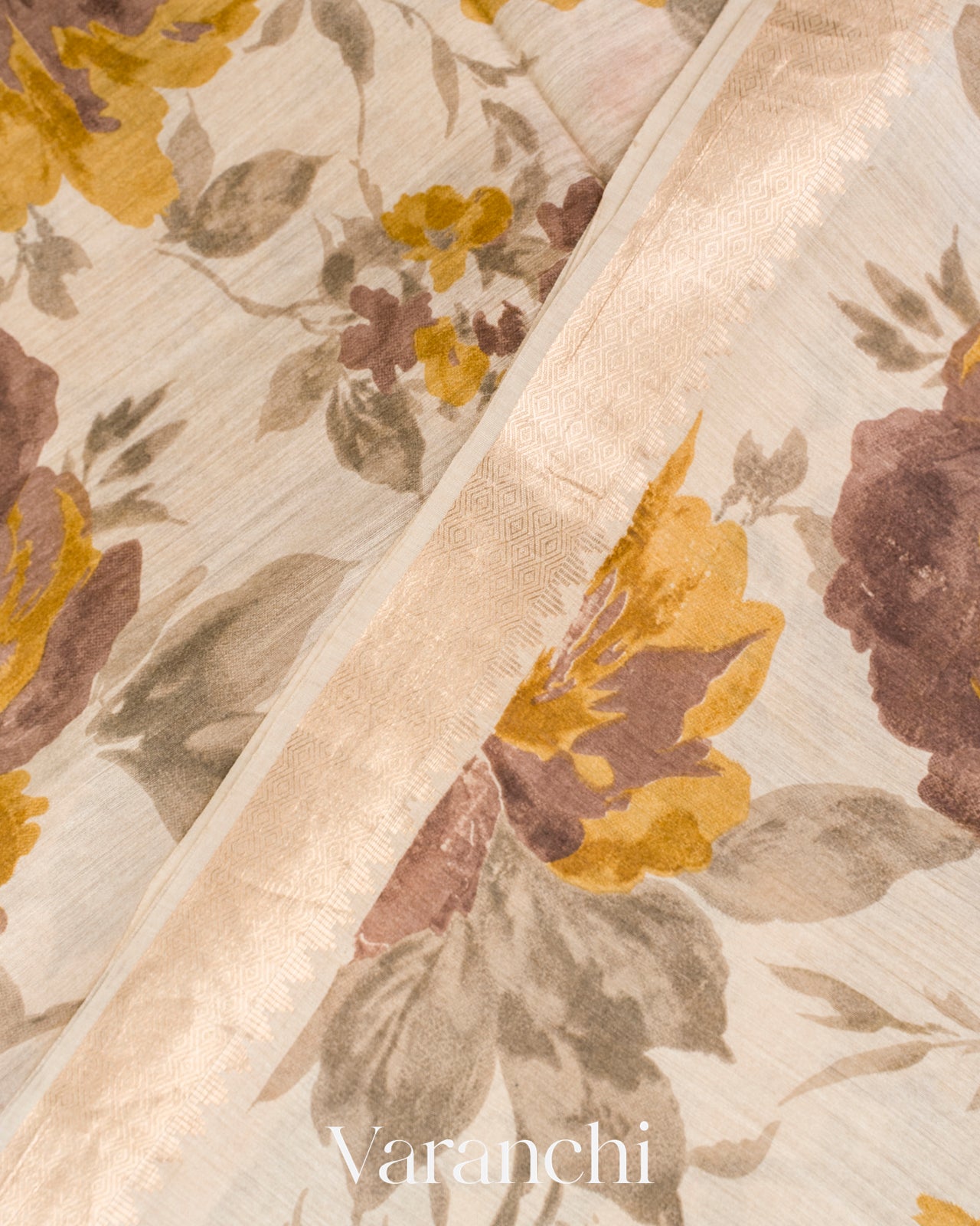 Off White Floral Digital Printed Pure Moonga Tussar Silk Saree