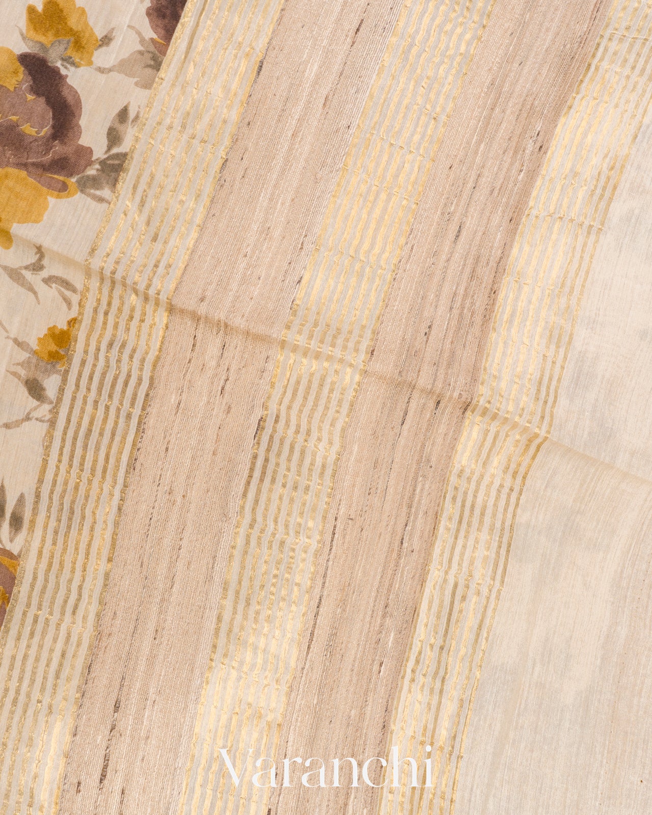 Off White Floral Digital Printed Pure Moonga Tussar Silk Saree