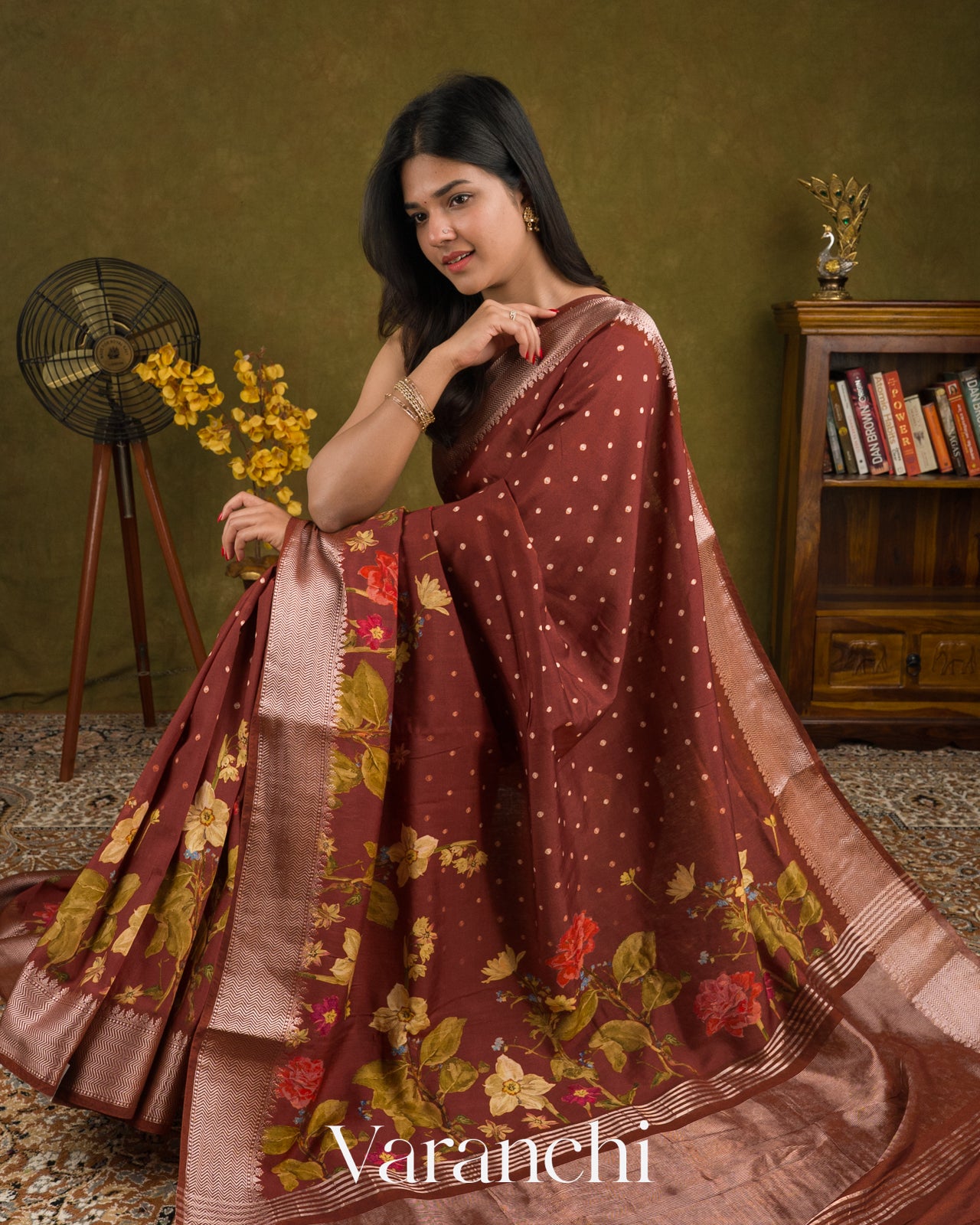 Cocoa Brown Digital Printed Pure Mul Chiniya Silk Saree 