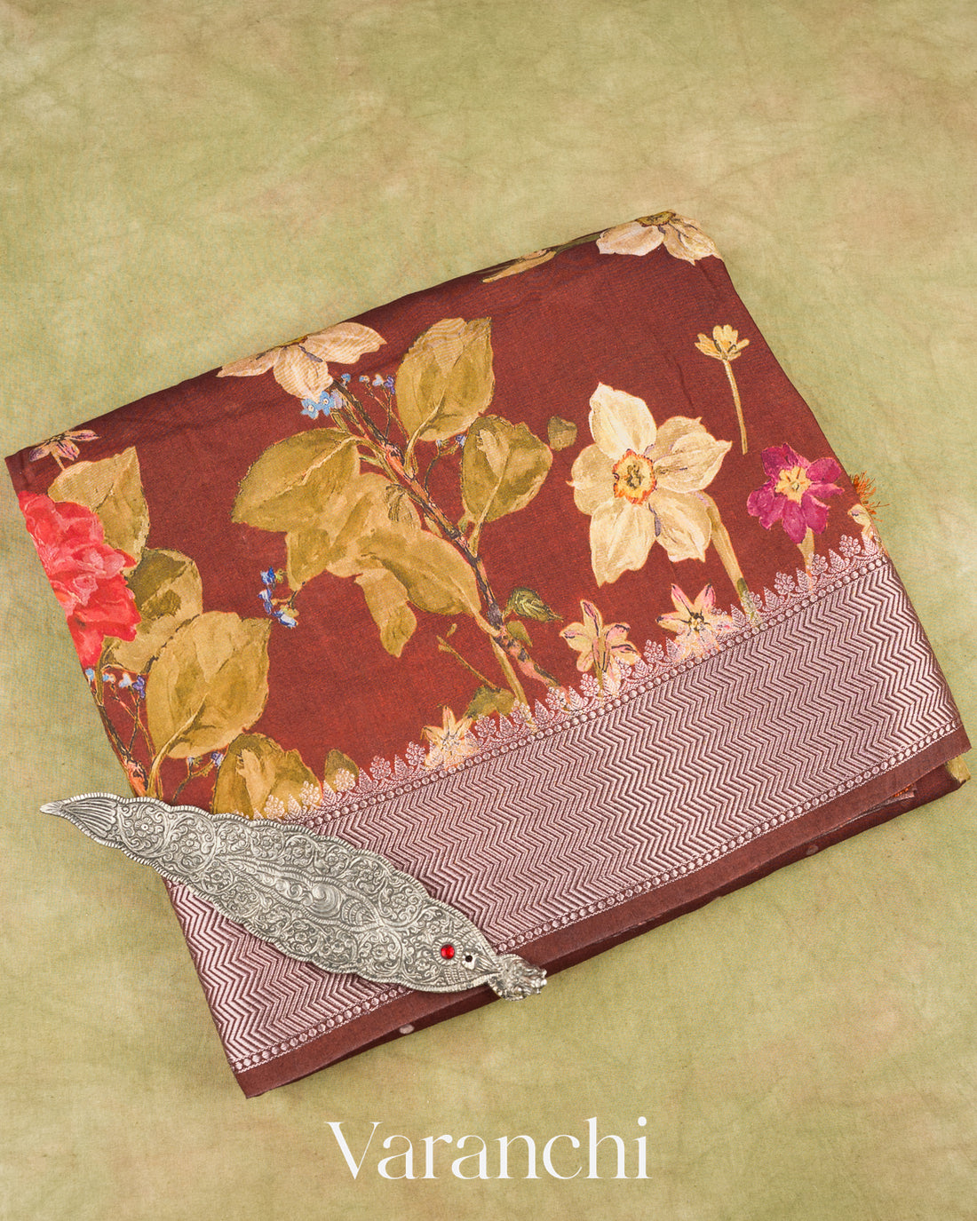 Cocoa Brown Digital Printed Pure Mul Chiniya Silk Saree 