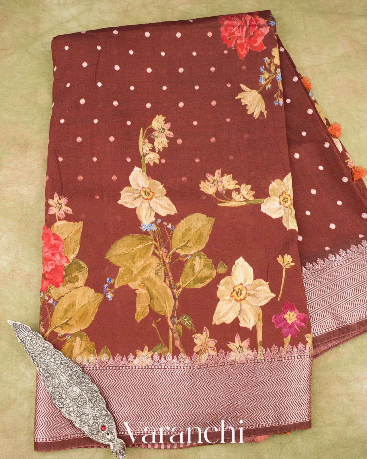 Cocoa Brown Digital Printed Pure Mul Chiniya Silk Saree 