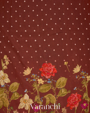 Cocoa Brown Digital Printed Pure Mul Chiniya Silk Saree 