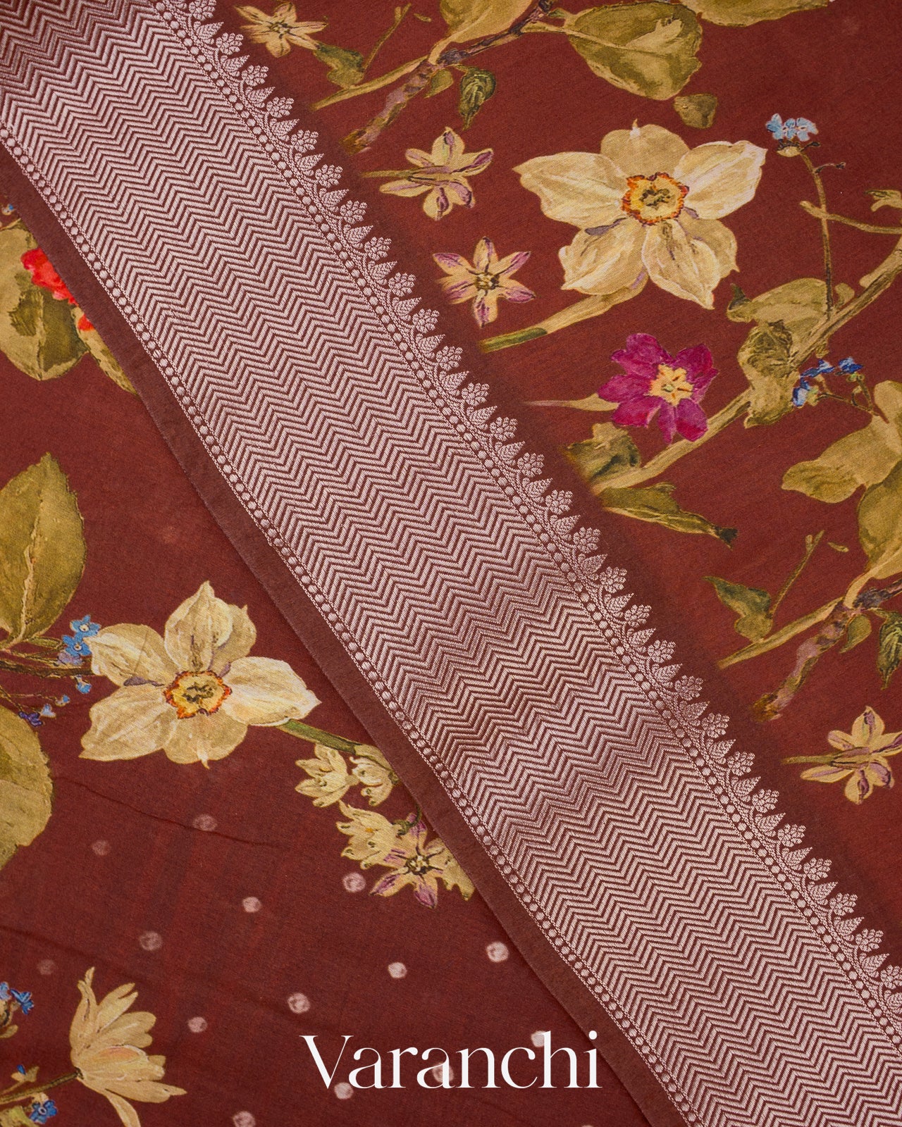 Cocoa Brown Digital Printed Pure Mul Chiniya Silk Saree 