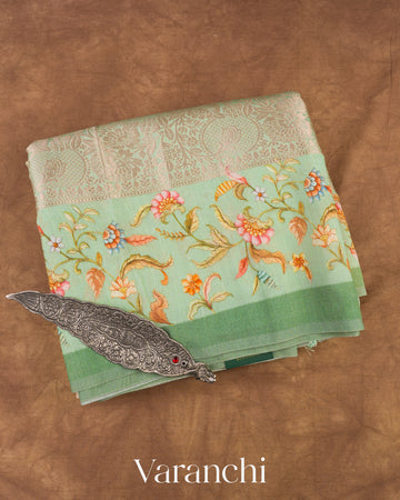 Pista Green Heavy Brocade Pure Mul Chiniya Silk Saree