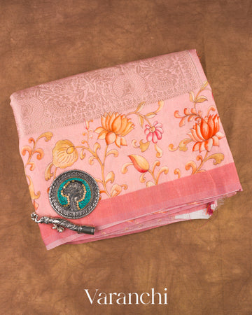 Peach Heavy Brocade Pure Mul Chiniya Silk Saree