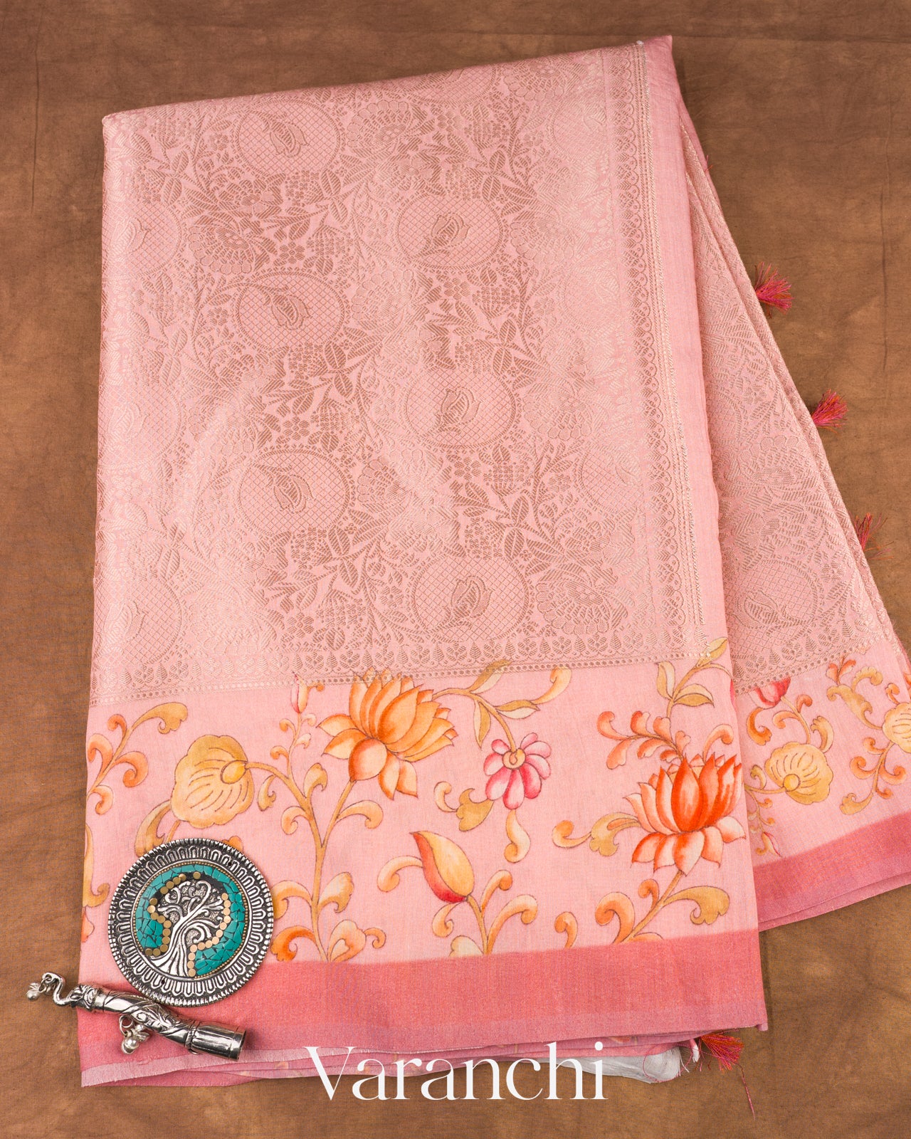 Peach Heavy Brocade Pure Mul Chiniya Silk Saree