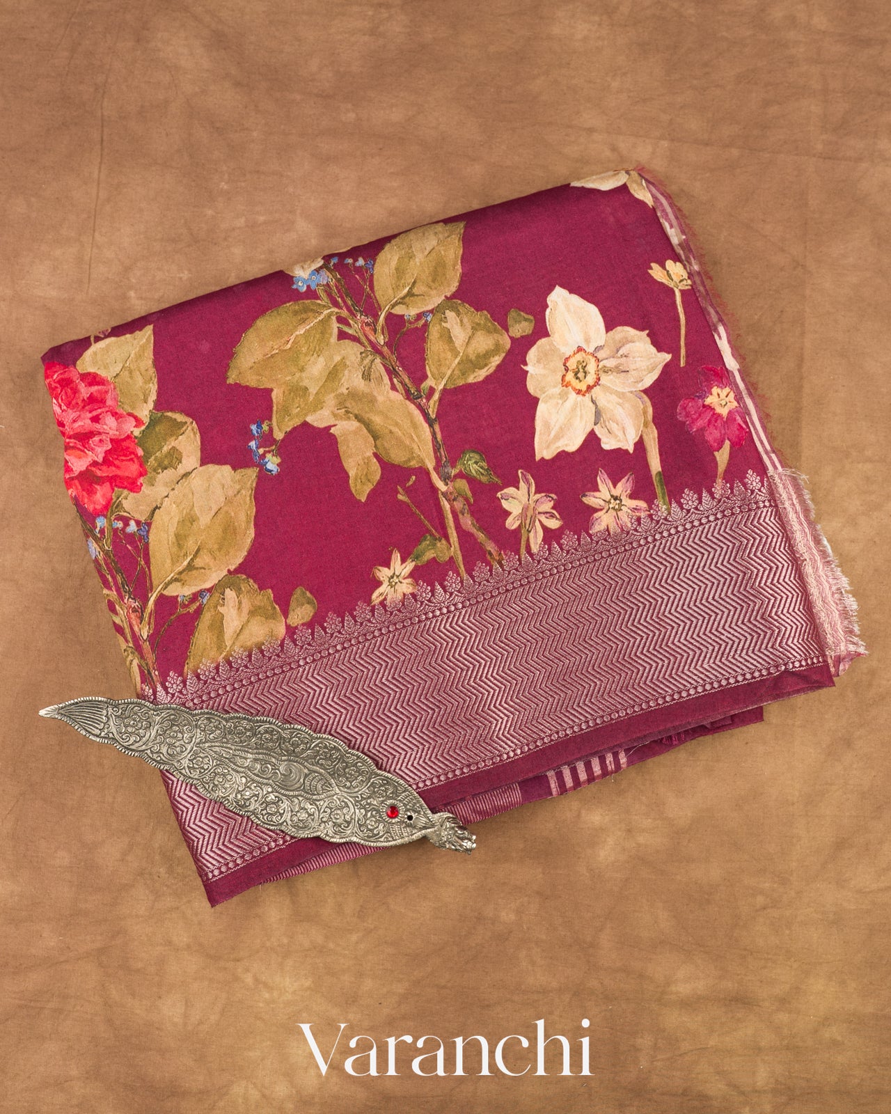 Deep Wine Digital Printed  Pure Mul Chiniya Silk Saree